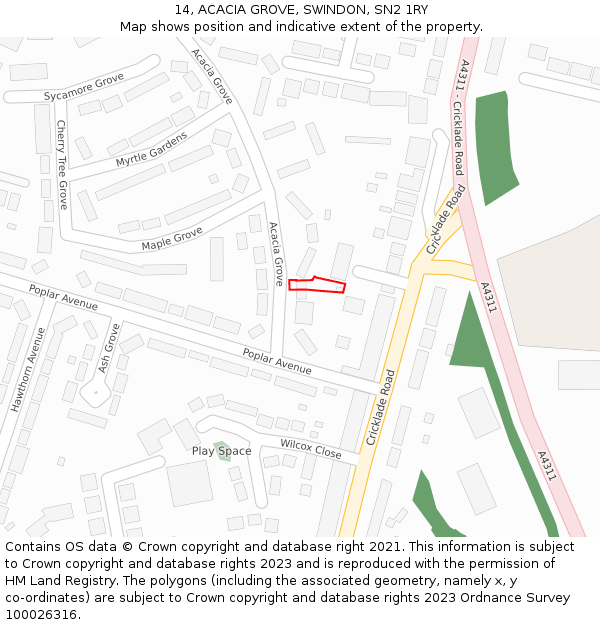 14, ACACIA GROVE, SWINDON, SN2 1RY: Location map and indicative extent of plot