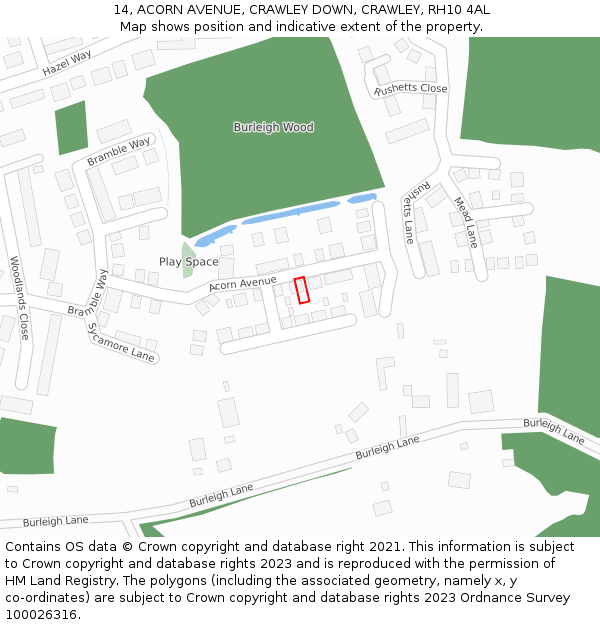 14, ACORN AVENUE, CRAWLEY DOWN, CRAWLEY, RH10 4AL: Location map and indicative extent of plot