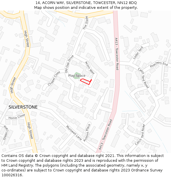 14, ACORN WAY, SILVERSTONE, TOWCESTER, NN12 8DQ: Location map and indicative extent of plot