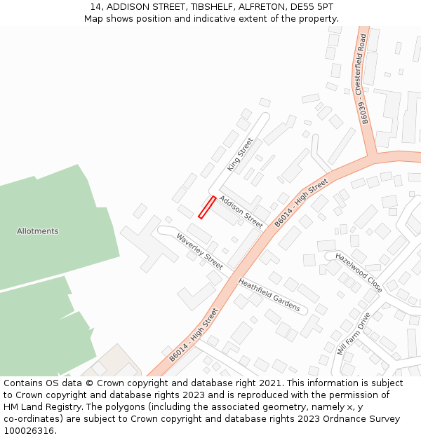 14, ADDISON STREET, TIBSHELF, ALFRETON, DE55 5PT: Location map and indicative extent of plot