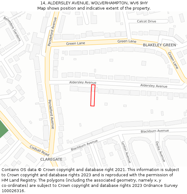 14, ALDERSLEY AVENUE, WOLVERHAMPTON, WV6 9HY: Location map and indicative extent of plot