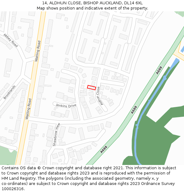 14, ALDHUN CLOSE, BISHOP AUCKLAND, DL14 6XL: Location map and indicative extent of plot