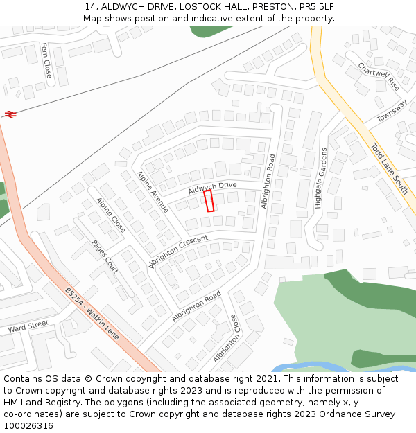 14, ALDWYCH DRIVE, LOSTOCK HALL, PRESTON, PR5 5LF: Location map and indicative extent of plot
