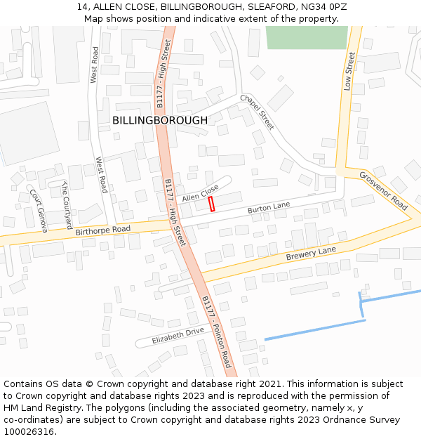 14, ALLEN CLOSE, BILLINGBOROUGH, SLEAFORD, NG34 0PZ: Location map and indicative extent of plot