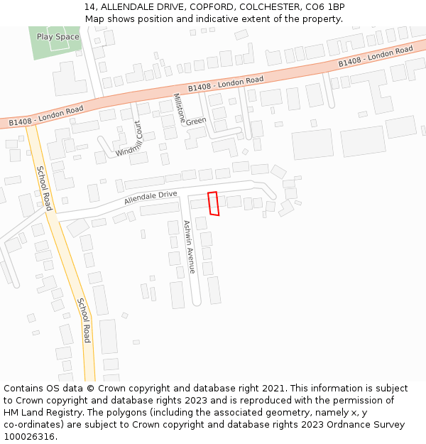 14, ALLENDALE DRIVE, COPFORD, COLCHESTER, CO6 1BP: Location map and indicative extent of plot