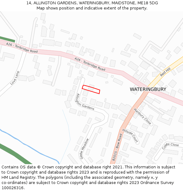 14, ALLINGTON GARDENS, WATERINGBURY, MAIDSTONE, ME18 5DG: Location map and indicative extent of plot