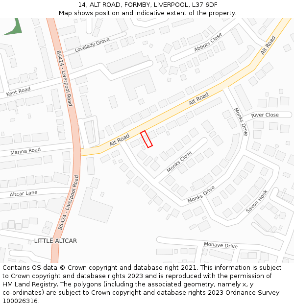 14, ALT ROAD, FORMBY, LIVERPOOL, L37 6DF: Location map and indicative extent of plot