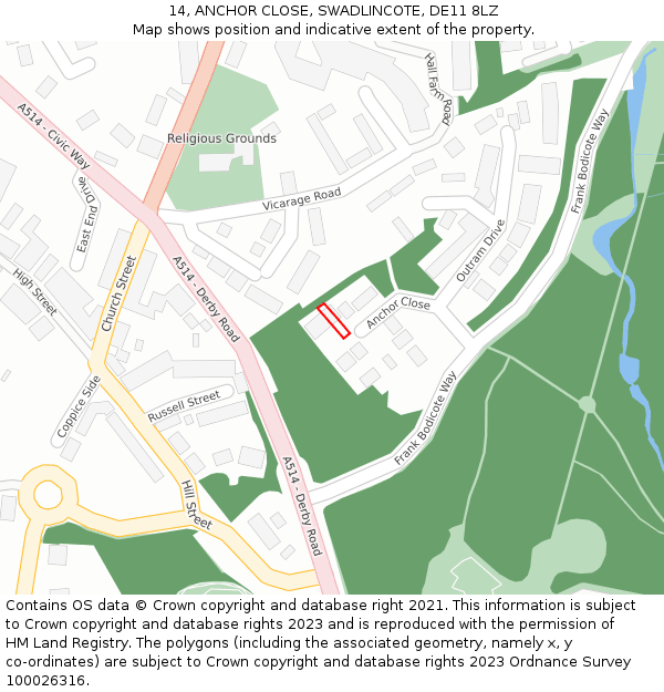 14, ANCHOR CLOSE, SWADLINCOTE, DE11 8LZ: Location map and indicative extent of plot