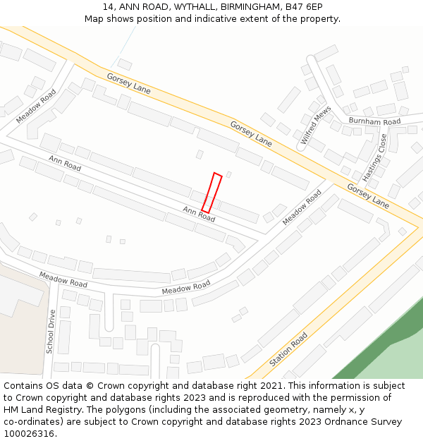 14, ANN ROAD, WYTHALL, BIRMINGHAM, B47 6EP: Location map and indicative extent of plot