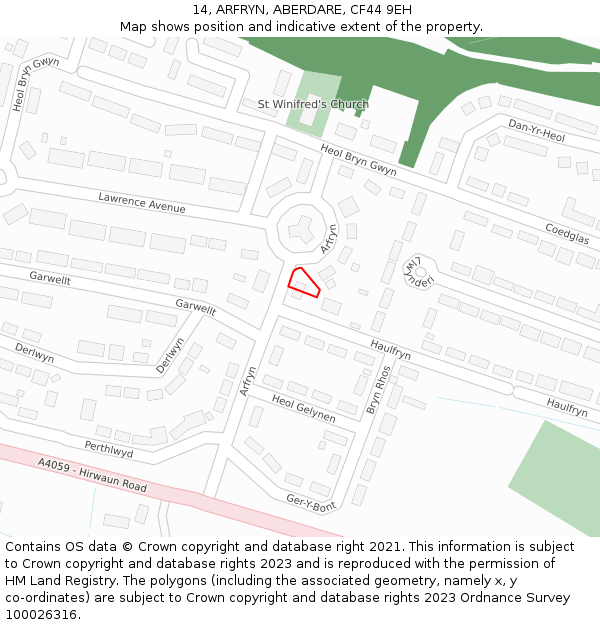 14, ARFRYN, ABERDARE, CF44 9EH: Location map and indicative extent of plot