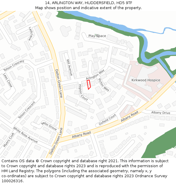 14, ARLINGTON WAY, HUDDERSFIELD, HD5 9TF: Location map and indicative extent of plot