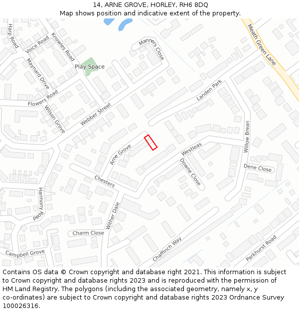 14, ARNE GROVE, HORLEY, RH6 8DQ: Location map and indicative extent of plot