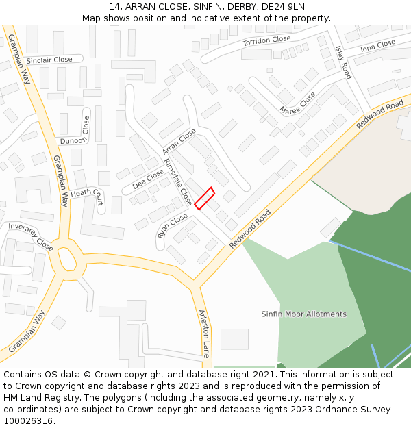 14, ARRAN CLOSE, SINFIN, DERBY, DE24 9LN: Location map and indicative extent of plot