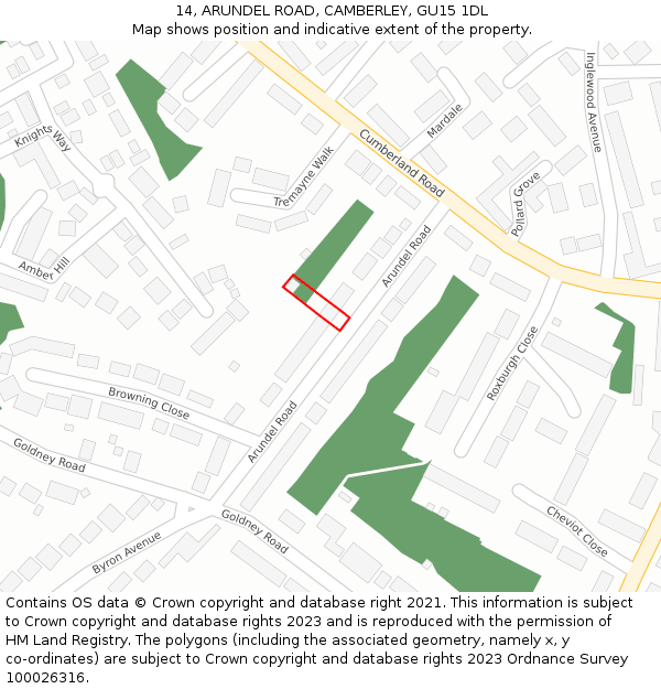 14, ARUNDEL ROAD, CAMBERLEY, GU15 1DL: Location map and indicative extent of plot