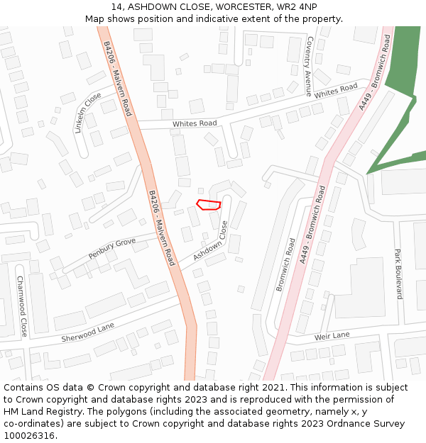 14, ASHDOWN CLOSE, WORCESTER, WR2 4NP: Location map and indicative extent of plot