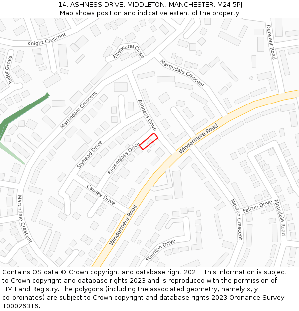 14, ASHNESS DRIVE, MIDDLETON, MANCHESTER, M24 5PJ: Location map and indicative extent of plot