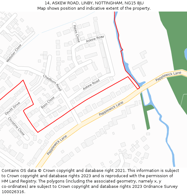 14, ASKEW ROAD, LINBY, NOTTINGHAM, NG15 8JU: Location map and indicative extent of plot