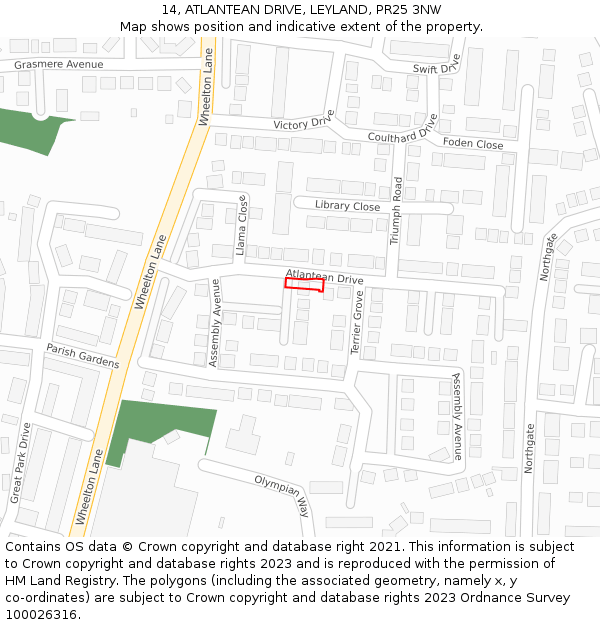 14, ATLANTEAN DRIVE, LEYLAND, PR25 3NW: Location map and indicative extent of plot