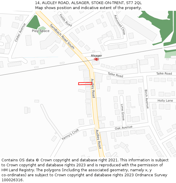 14, AUDLEY ROAD, ALSAGER, STOKE-ON-TRENT, ST7 2QL: Location map and indicative extent of plot