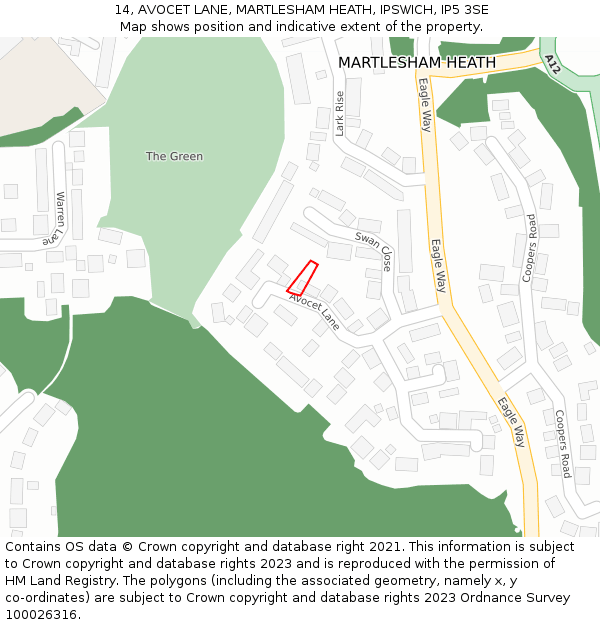 14, AVOCET LANE, MARTLESHAM HEATH, IPSWICH, IP5 3SE: Location map and indicative extent of plot