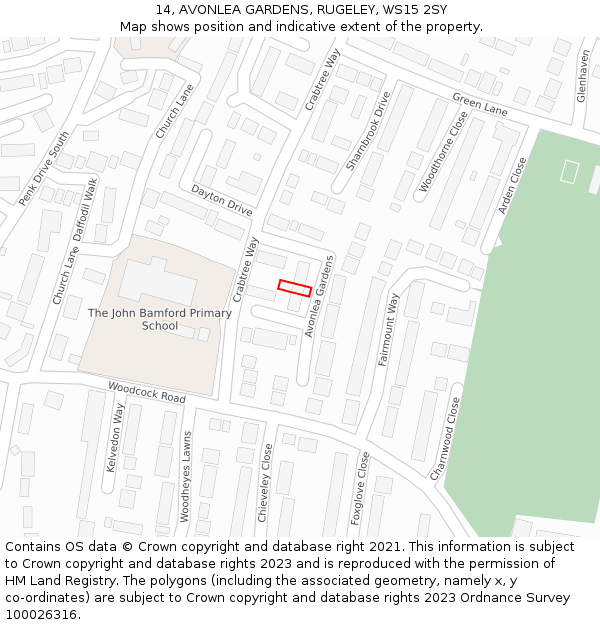 14, AVONLEA GARDENS, RUGELEY, WS15 2SY: Location map and indicative extent of plot