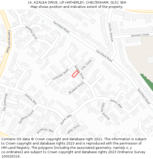 14, AZALEA DRIVE, UP HATHERLEY, CHELTENHAM, GL51 3EA: Location map and indicative extent of plot