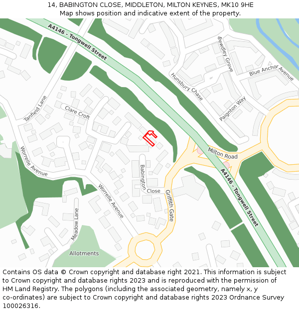 14, BABINGTON CLOSE, MIDDLETON, MILTON KEYNES, MK10 9HE: Location map and indicative extent of plot