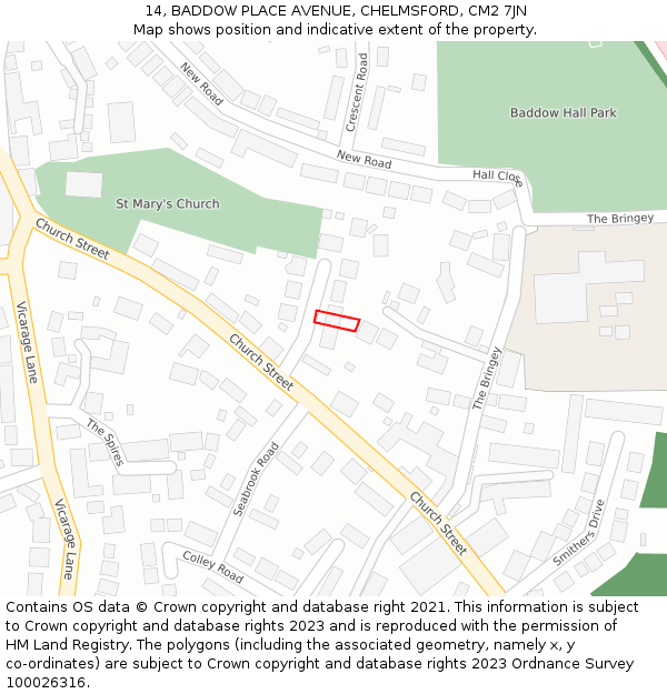 14, BADDOW PLACE AVENUE, CHELMSFORD, CM2 7JN: Location map and indicative extent of plot