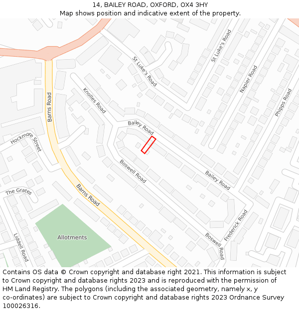 14, BAILEY ROAD, OXFORD, OX4 3HY: Location map and indicative extent of plot