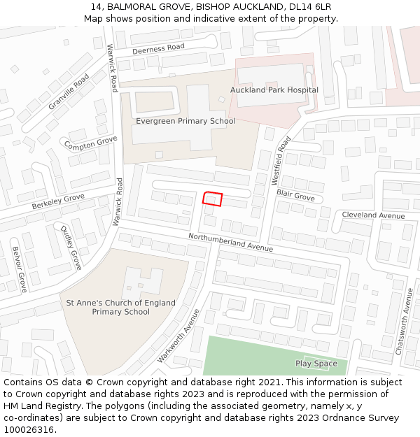 14, BALMORAL GROVE, BISHOP AUCKLAND, DL14 6LR: Location map and indicative extent of plot