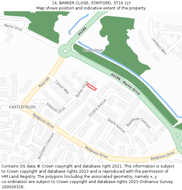 14, BARKER CLOSE, STAFFORD, ST16 1LY: Location map and indicative extent of plot