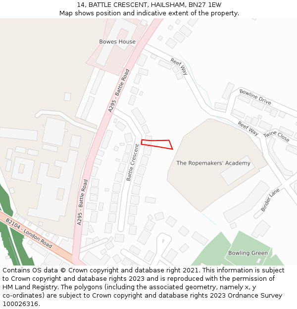 14, BATTLE CRESCENT, HAILSHAM, BN27 1EW: Location map and indicative extent of plot