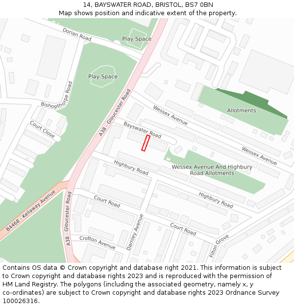 14, BAYSWATER ROAD, BRISTOL, BS7 0BN: Location map and indicative extent of plot