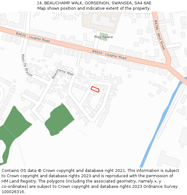 14, BEAUCHAMP WALK, GORSEINON, SWANSEA, SA4 6AE: Location map and indicative extent of plot