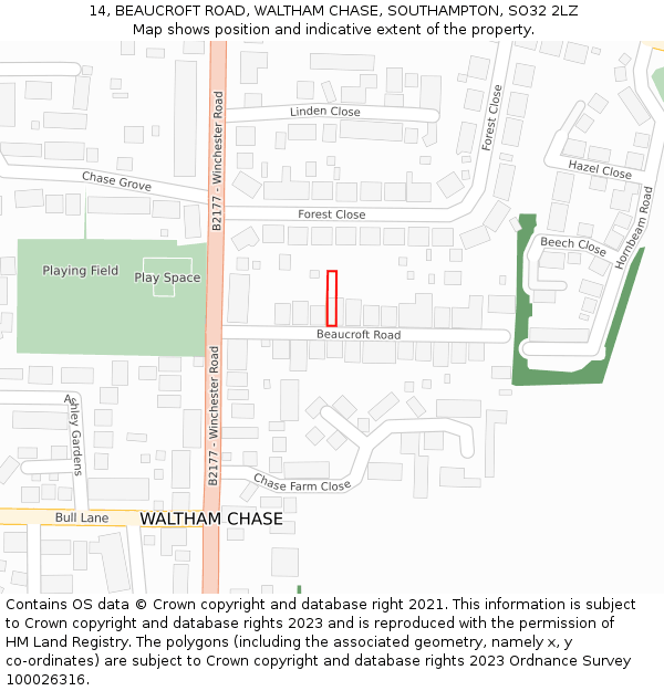 14, BEAUCROFT ROAD, WALTHAM CHASE, SOUTHAMPTON, SO32 2LZ: Location map and indicative extent of plot