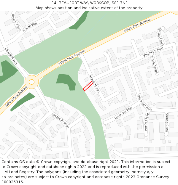 14, BEAUFORT WAY, WORKSOP, S81 7NF: Location map and indicative extent of plot