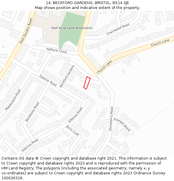 14, BECKFORD GARDENS, BRISTOL, BS14 0JE: Location map and indicative extent of plot