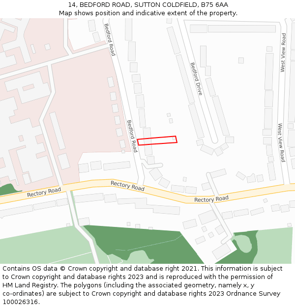 14, BEDFORD ROAD, SUTTON COLDFIELD, B75 6AA: Location map and indicative extent of plot