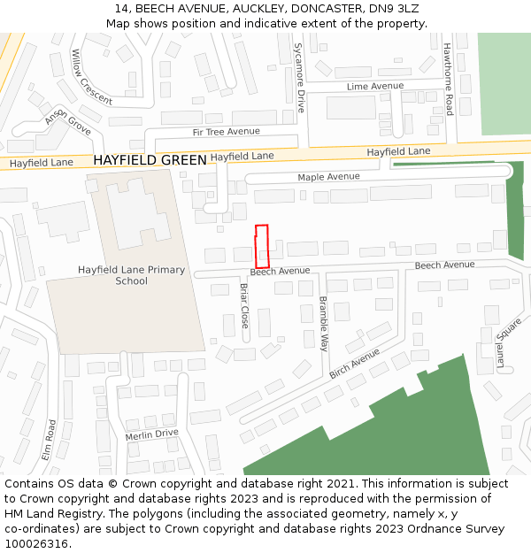 14, BEECH AVENUE, AUCKLEY, DONCASTER, DN9 3LZ: Location map and indicative extent of plot