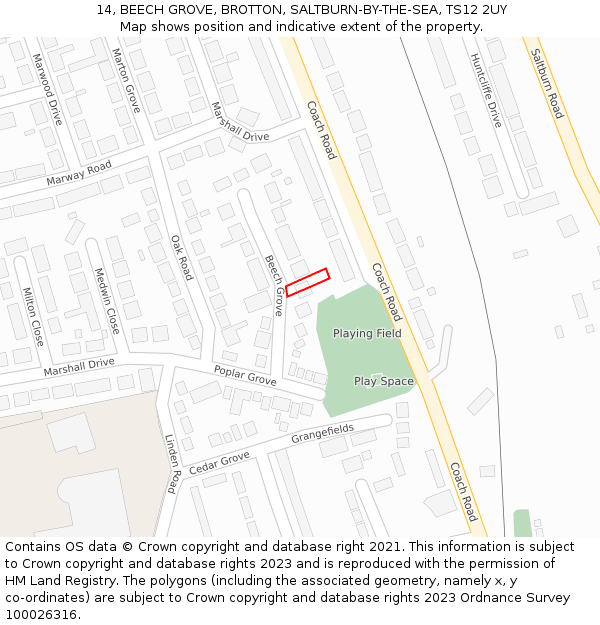 14, BEECH GROVE, BROTTON, SALTBURN-BY-THE-SEA, TS12 2UY: Location map and indicative extent of plot