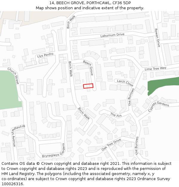 14, BEECH GROVE, PORTHCAWL, CF36 5DP: Location map and indicative extent of plot