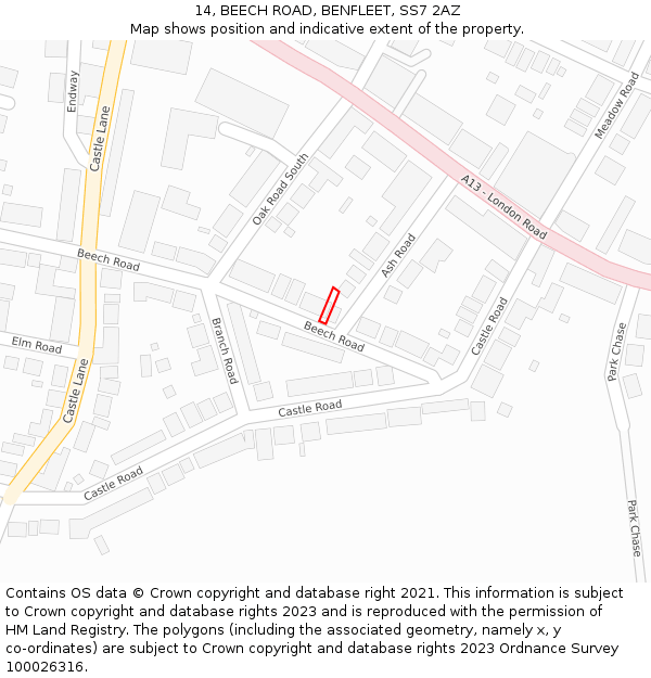 14, BEECH ROAD, BENFLEET, SS7 2AZ: Location map and indicative extent of plot