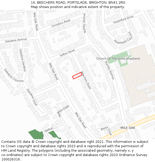 14, BEECHERS ROAD, PORTSLADE, BRIGHTON, BN41 2RG: Location map and indicative extent of plot