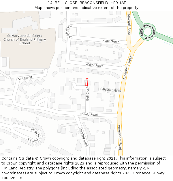 14, BELL CLOSE, BEACONSFIELD, HP9 1AT: Location map and indicative extent of plot