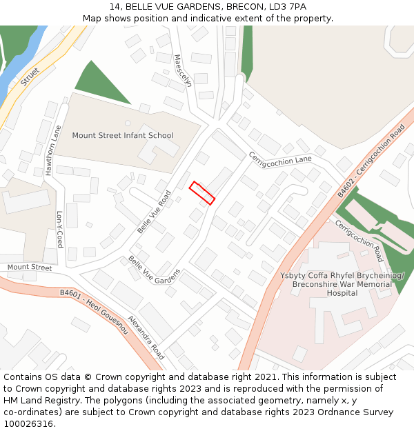 14, BELLE VUE GARDENS, BRECON, LD3 7PA: Location map and indicative extent of plot