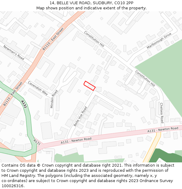 14, BELLE VUE ROAD, SUDBURY, CO10 2PP: Location map and indicative extent of plot