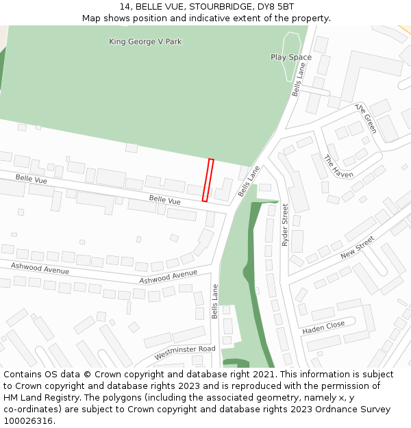 14, BELLE VUE, STOURBRIDGE, DY8 5BT: Location map and indicative extent of plot