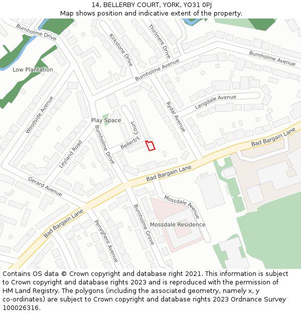 14, BELLERBY COURT, YORK, YO31 0PJ: Location map and indicative extent of plot