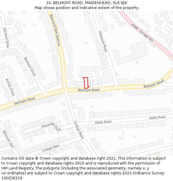 14, BELMONT ROAD, MAIDENHEAD, SL6 6JW: Location map and indicative extent of plot