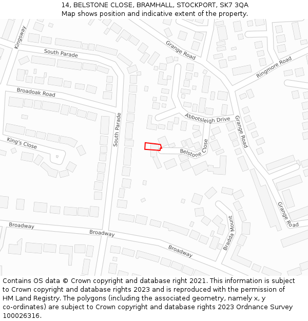 14, BELSTONE CLOSE, BRAMHALL, STOCKPORT, SK7 3QA: Location map and indicative extent of plot